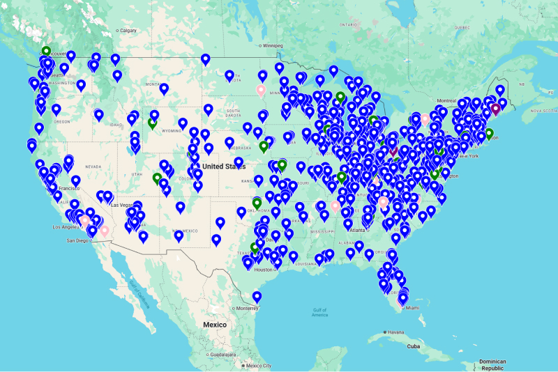 A map of the United States with markers indicating the locations of SMART Recovery meetings.